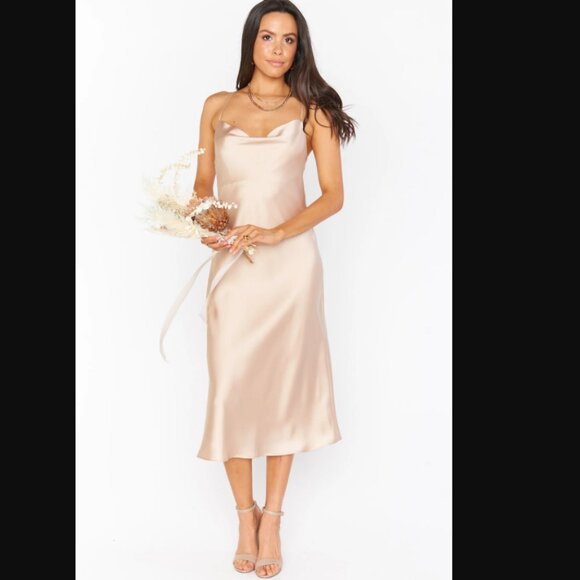 Show me Your MuMu Veron Cowl Dress Satin Champagne Midi Dress NWT - Picture 2 of 7